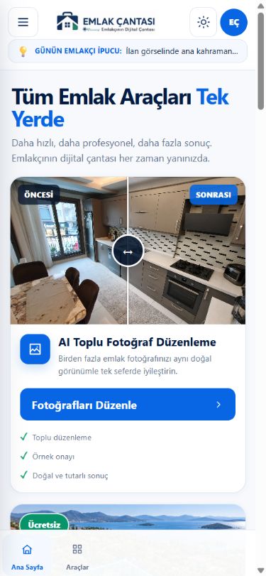 Mobil ana sayfada Emlak Çantası başlığı ve öne çıkan araç kartları