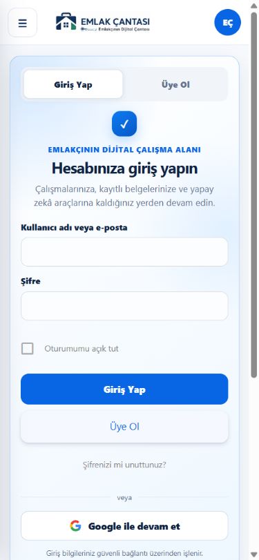 Mobil giriş ekranında kullanıcı adı veya e-posta, şifre ve Giriş Yap düğmesi
