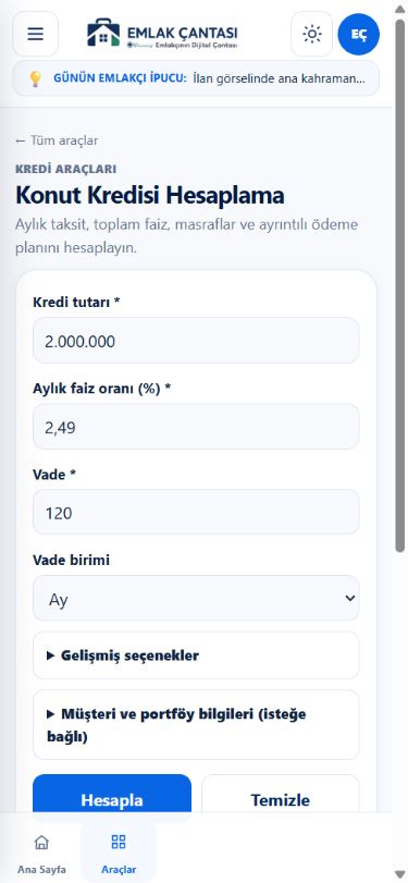 Mobil konut kredisi ekranında kredi tutarı, aylık faiz oranı, vade ve Hesapla düğmesi