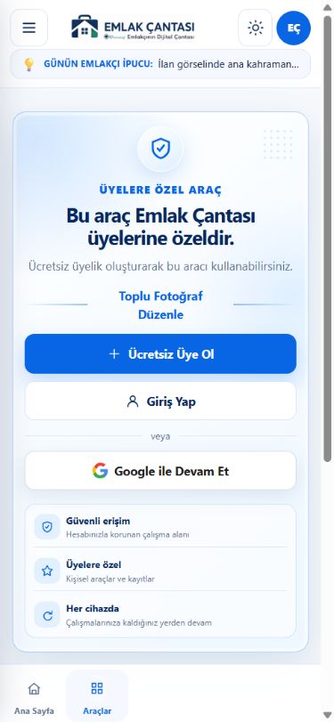 Üyelere özel araç ekranında Ücretsiz Üye Ol, Giriş Yap ve Google ile Devam Et bağlantıları