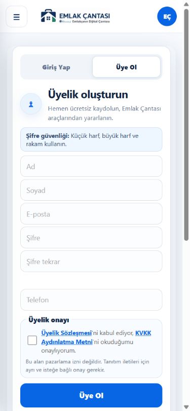 Mobil Üye Ol ekranında kişisel bilgi alanları, üyelik onayı ve Üye Ol düğmesi
